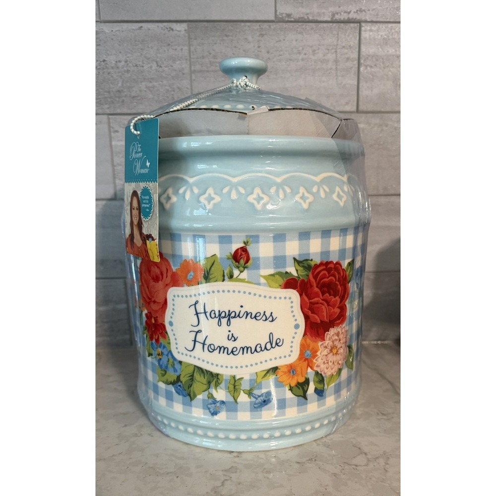 Pioneer Woman Stoneware SWEET ROSE Floral Cookie Jar Happiness Is Homemade NEW